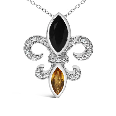 An image displaying .925 Sterling Silver Marquise Onyx and Citrine and Diamond Accent Fleur De Lis Pendant Necklace (H-I Color, SI1-SI2 Clarity) - 18" by Infinite Jewels