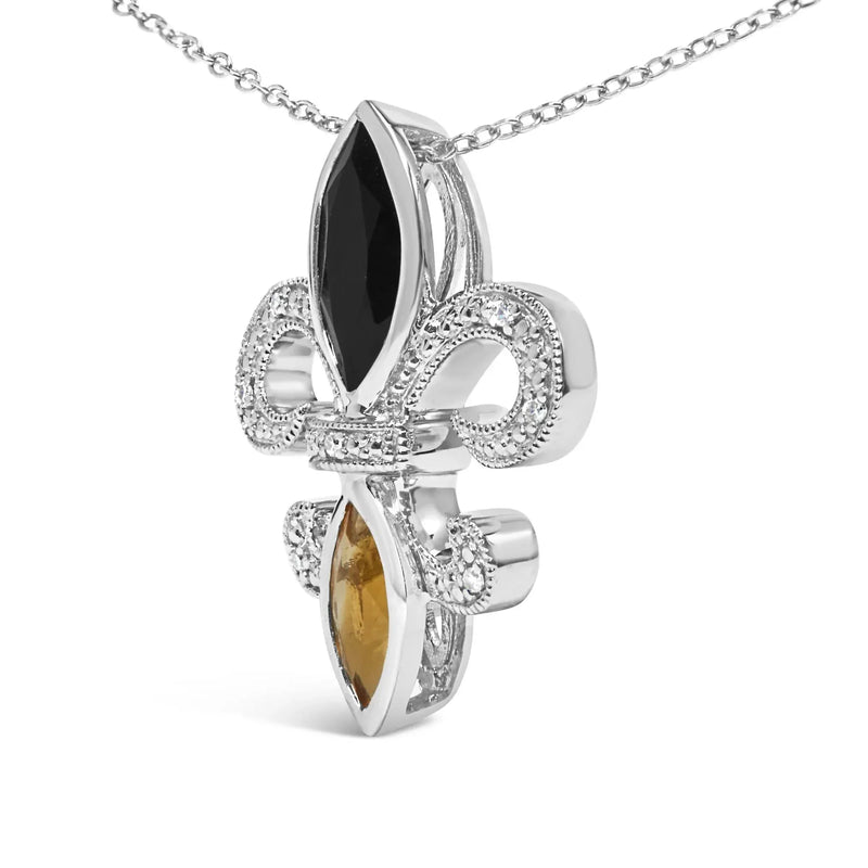 An image displaying .925 Sterling Silver Marquise Onyx and Citrine and Diamond Accent Fleur De Lis Pendant Necklace (H-I Color, SI1-SI2 Clarity) - 18" by Infinite Jewels