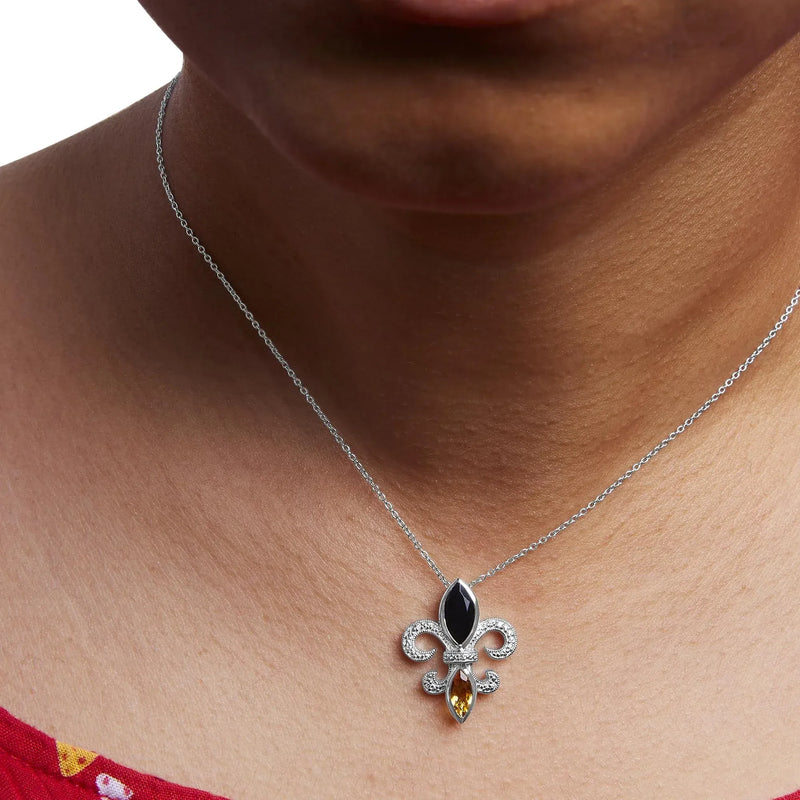 An image displaying .925 Sterling Silver Marquise Onyx and Citrine and Diamond Accent Fleur De Lis Pendant Necklace (H-I Color, SI1-SI2 Clarity) - 18" by Infinite Jewels