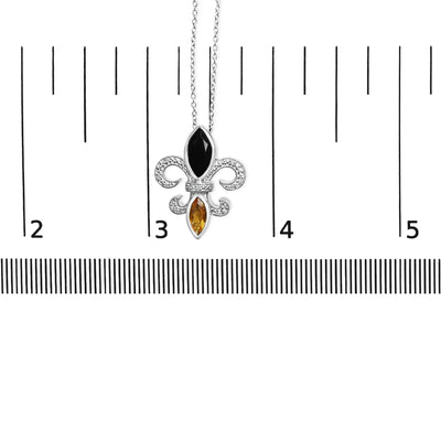 An image displaying .925 Sterling Silver Marquise Onyx and Citrine and Diamond Accent Fleur De Lis Pendant Necklace (H-I Color, SI1-SI2 Clarity) - 18" by Infinite Jewels