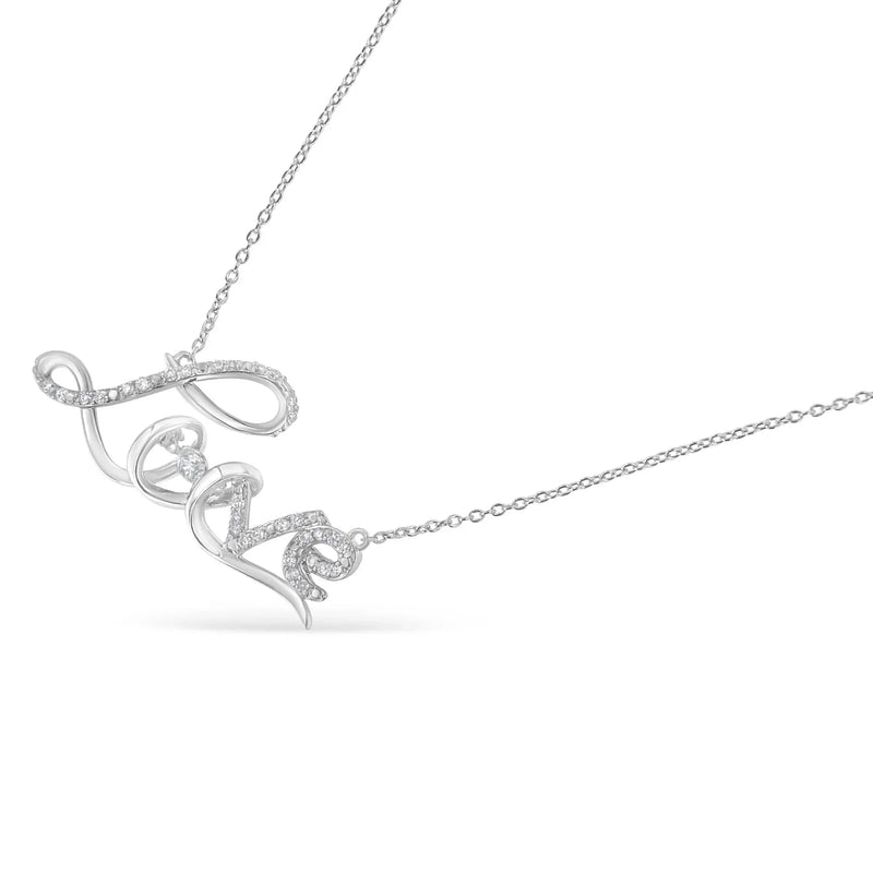 An image displaying .925 Sterling Silver 1/4 Cttw Diamond Cursive "Love" 18" Pendant Necklace (H-I Color, I1-I2 Clarity) by Infinite Jewels