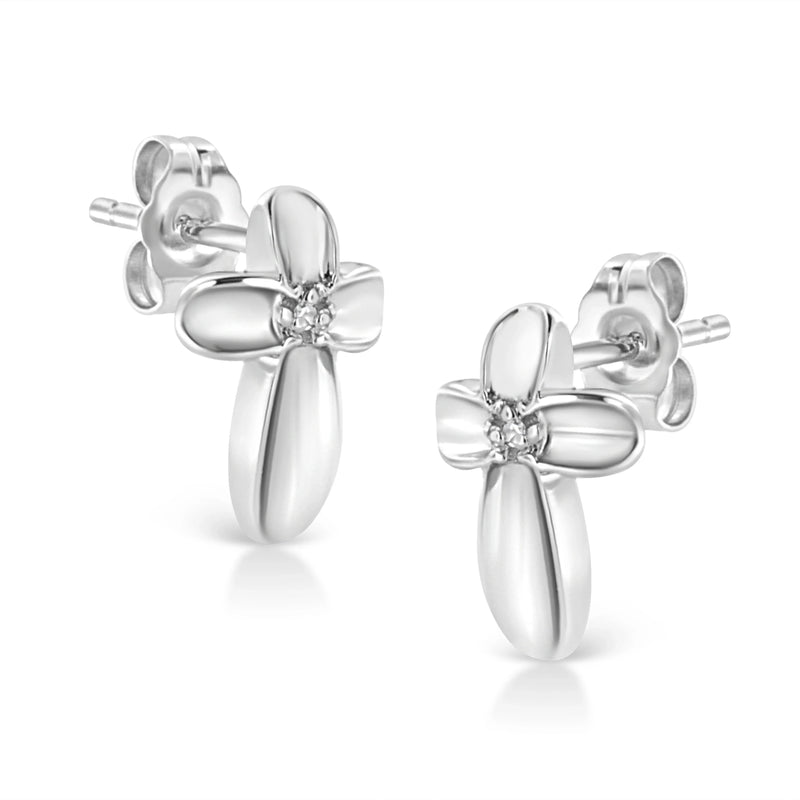 An image displaying .925 Sterling Silver Prong Set Diamond Accent Floral Cross Stud Earring (I-J Color, I1-I2 Clarity) by Infinite Jewels