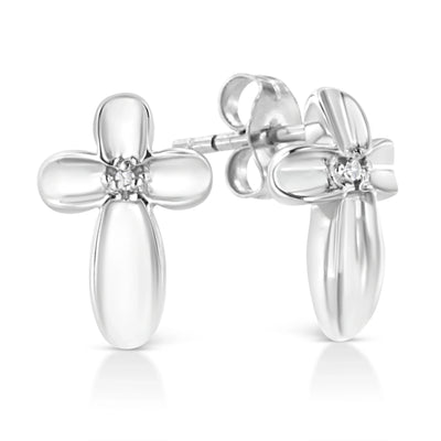 An image displaying .925 Sterling Silver Prong Set Diamond Accent Floral Cross Stud Earring (I-J Color, I1-I2 Clarity) by Infinite Jewels