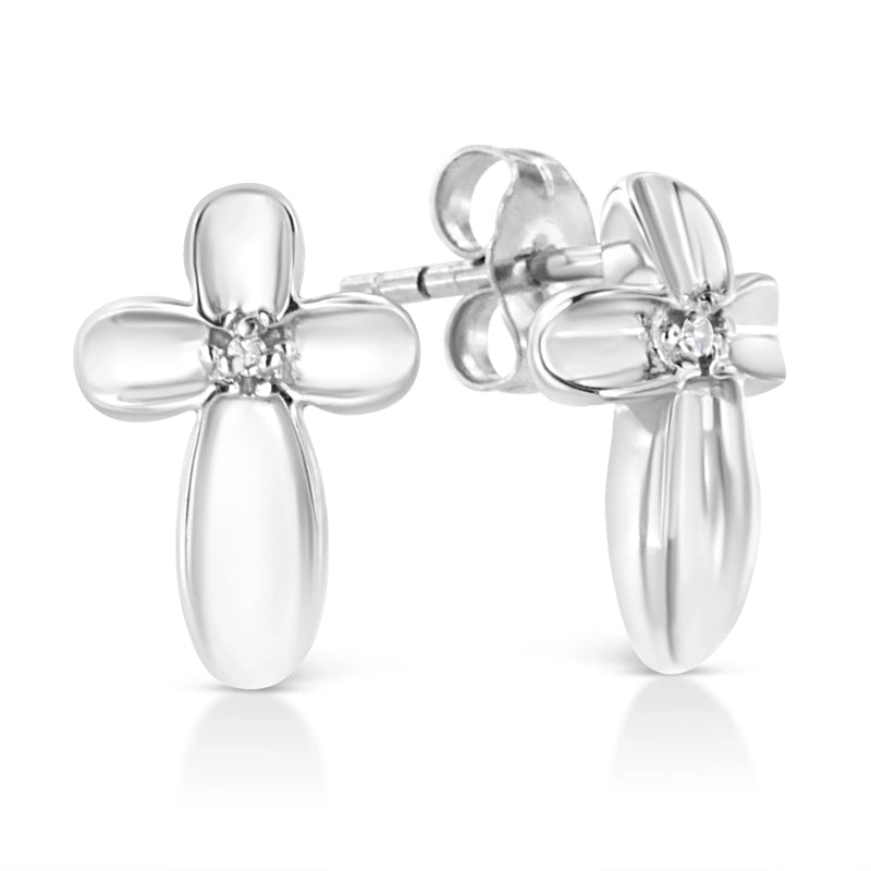 An image displaying .925 Sterling Silver Prong Set Diamond Accent Floral Cross Stud Earring (I-J Color, I1-I2 Clarity) by Infinite Jewels