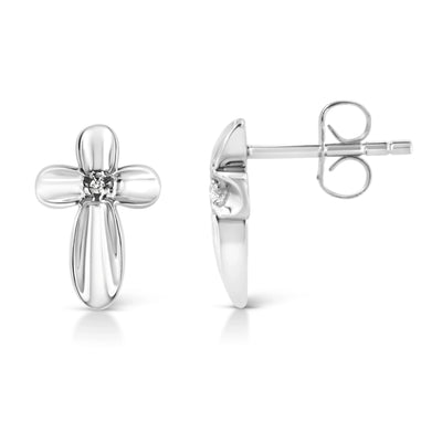 An image displaying .925 Sterling Silver Prong Set Diamond Accent Floral Cross Stud Earring (I-J Color, I1-I2 Clarity) by Infinite Jewels