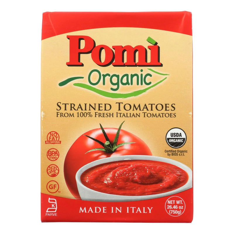An image displaying Pomi Organic Strained Tomatoes - Case Of 12 - 26.46 Ounce by Pomi Tomatoes