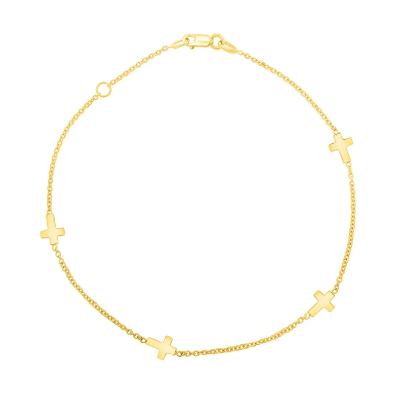 An image displaying 14k Yellow Gold Polished Station Cross Anklet (1.00 mm) by Orca Market
