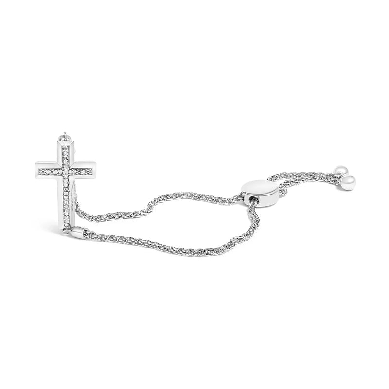 An image displaying .925 Sterling Silver Diamond Accent Cross Bolo Bracelet (I-J Color, I1-I2 Clarity) - 7" by Infinite Jewels