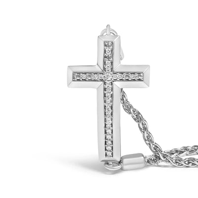 An image displaying .925 Sterling Silver Diamond Accent Cross Bolo Bracelet (I-J Color, I1-I2 Clarity) - 7" by Infinite Jewels