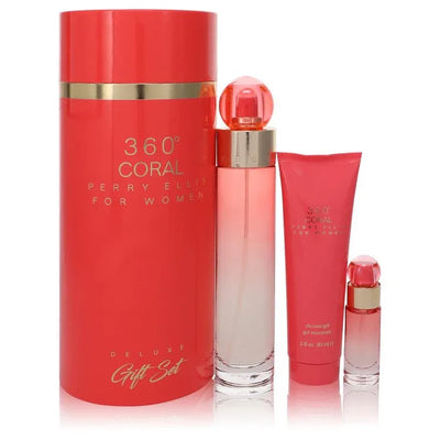 An image displaying Perry Ellis 360 Coral by Perry Ellis Gift Set -- 3.4 oz Eau de Parfum Spray + .25 oz Mini EDP Spray + 3 oz Shower Gel for Women by Perry Ellis