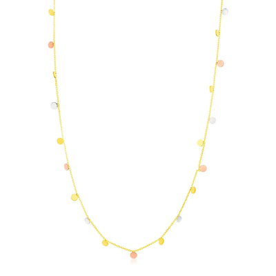 An image displaying 14K Tri Color Necklace with Dangling Circles by Orca Market