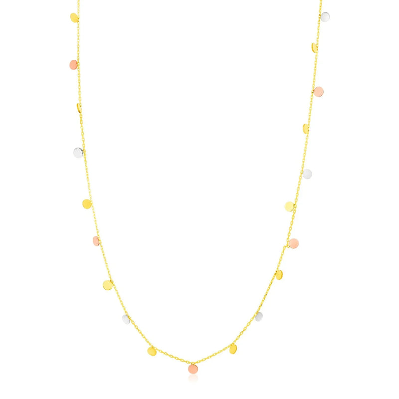 An image displaying 14K Tri Color Necklace with Dangling Circles by Orca Market