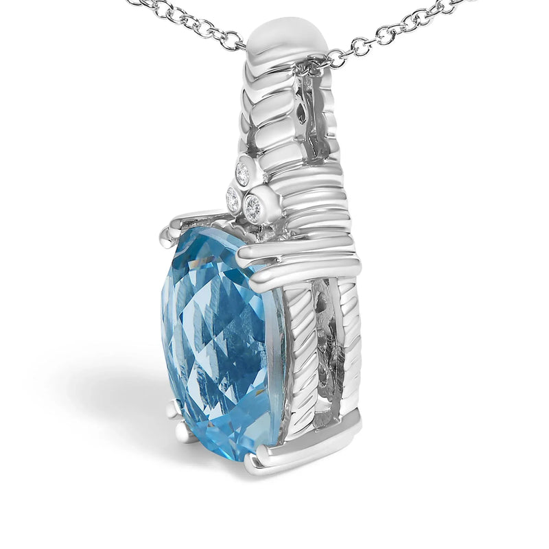 An image displaying .925 Sterling Silver Blue Topaz and Diamond Accent Textured Pendant Necklace - 18" Inches by Infinite Jewels