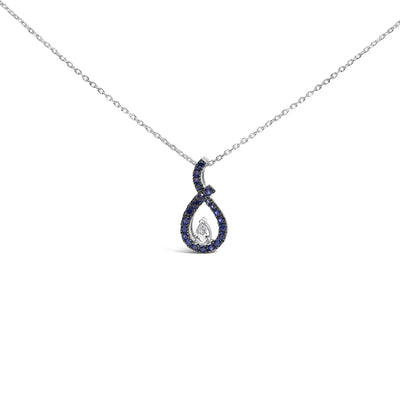 An image displaying .925 Sterling Silver Created Blue and White Sapphire Teardrop Shaped Pendant Necklace - 18" Inches by Infinite Jewels