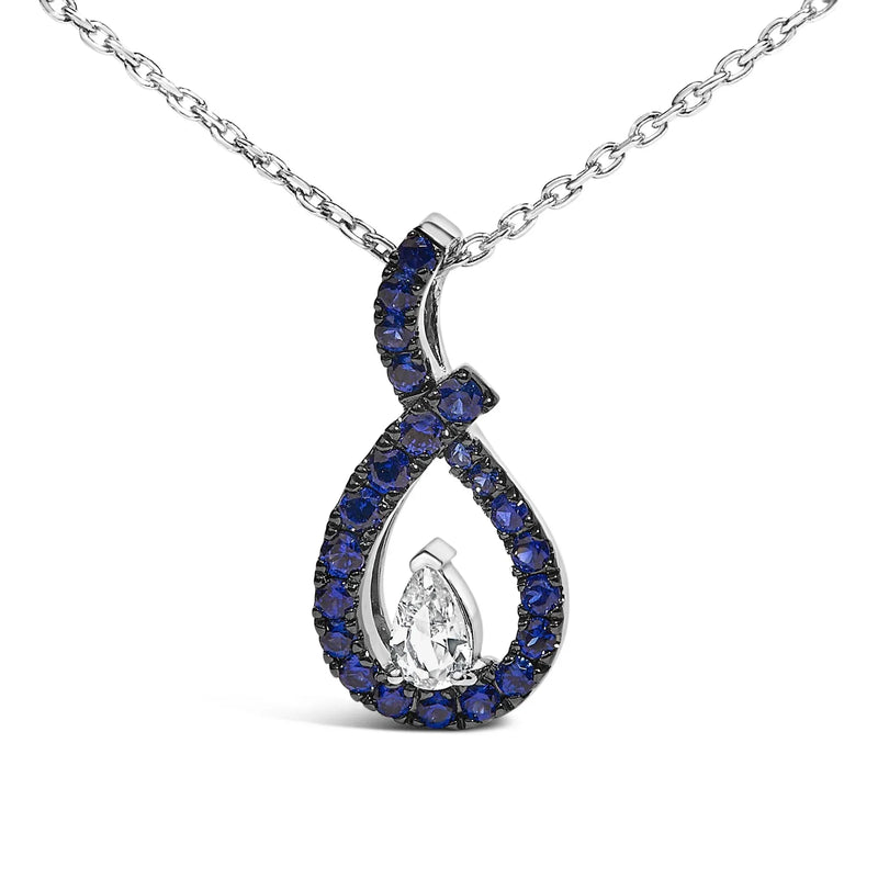 An image displaying .925 Sterling Silver Created Blue and White Sapphire Teardrop Shaped Pendant Necklace - 18" Inches by Infinite Jewels
