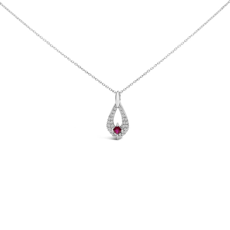 An image displaying .925 Sterling Silver Created Red Ruby and White Sapphire Pear Shaped Pendant Necklace - 18" Inches by Infinite Jewels