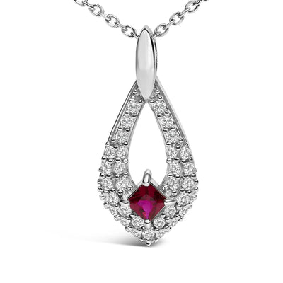 An image displaying .925 Sterling Silver Created Red Ruby and White Sapphire Pear Shaped Pendant Necklace - 18" Inches by Infinite Jewels