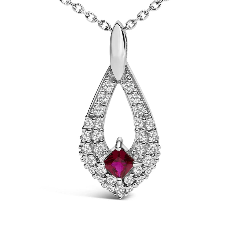 An image displaying .925 Sterling Silver Created Red Ruby and White Sapphire Pear Shaped Pendant Necklace - 18" Inches by Infinite Jewels