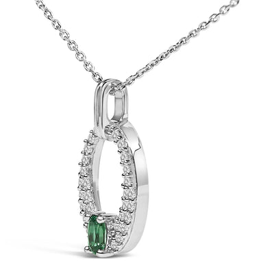 An image displaying .925 Sterling Silver Created Green Emerald and White Sapphire Oval Shaped Pendant Necklace - 18" Inches by Infinite Jewels