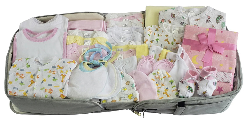 An image displaying Girls 44 Piece Baby Clothing Starter Set With Diaper Bag by Bambini