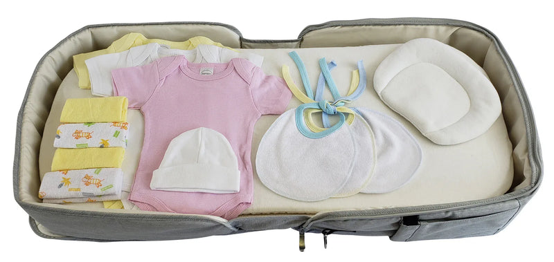An image displaying Boys 12 Piece Baby Clothing Starter Set With Diaper Bag by Bambini