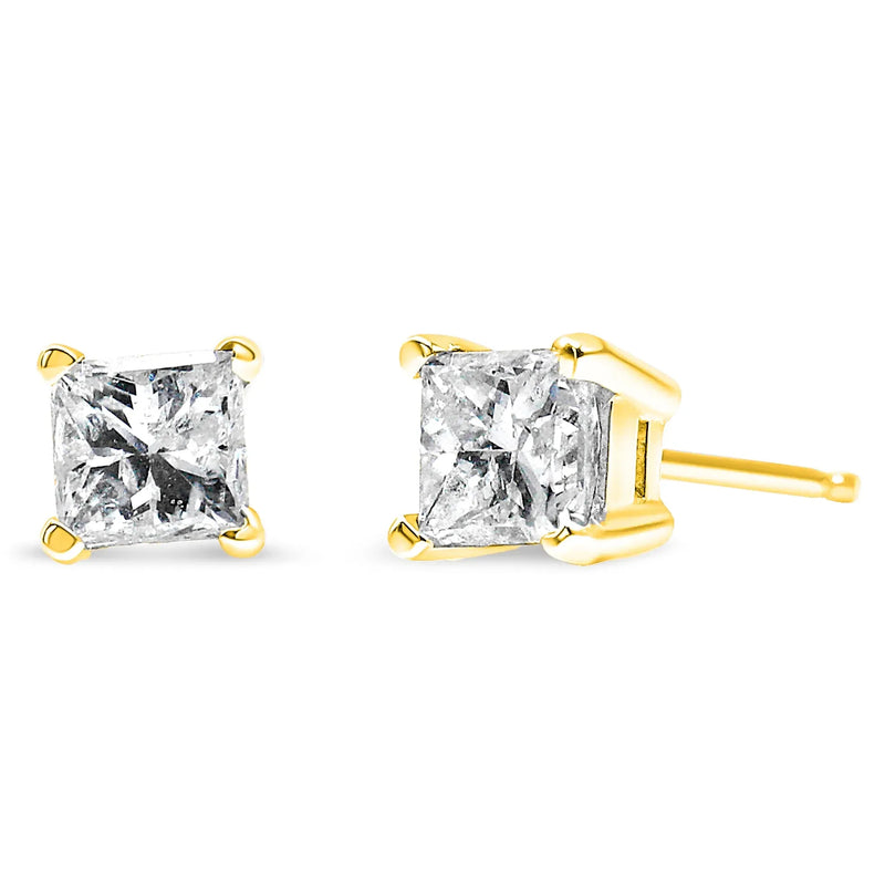 An image displaying 14K Yellow Gold 1/5 Cttw Princess-Cut Square Near Colorless Diamond Classic 4-Prong Solitaire Stud Earrings (I-J Color, I2-I3 Clarity) by Infinite Jewels