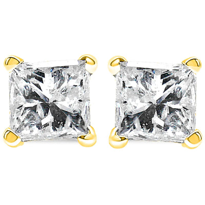 An image displaying 14K Yellow Gold 1/5 Cttw Princess-Cut Square Near Colorless Diamond Classic 4-Prong Solitaire Stud Earrings (I-J Color, I2-I3 Clarity) by Infinite Jewels