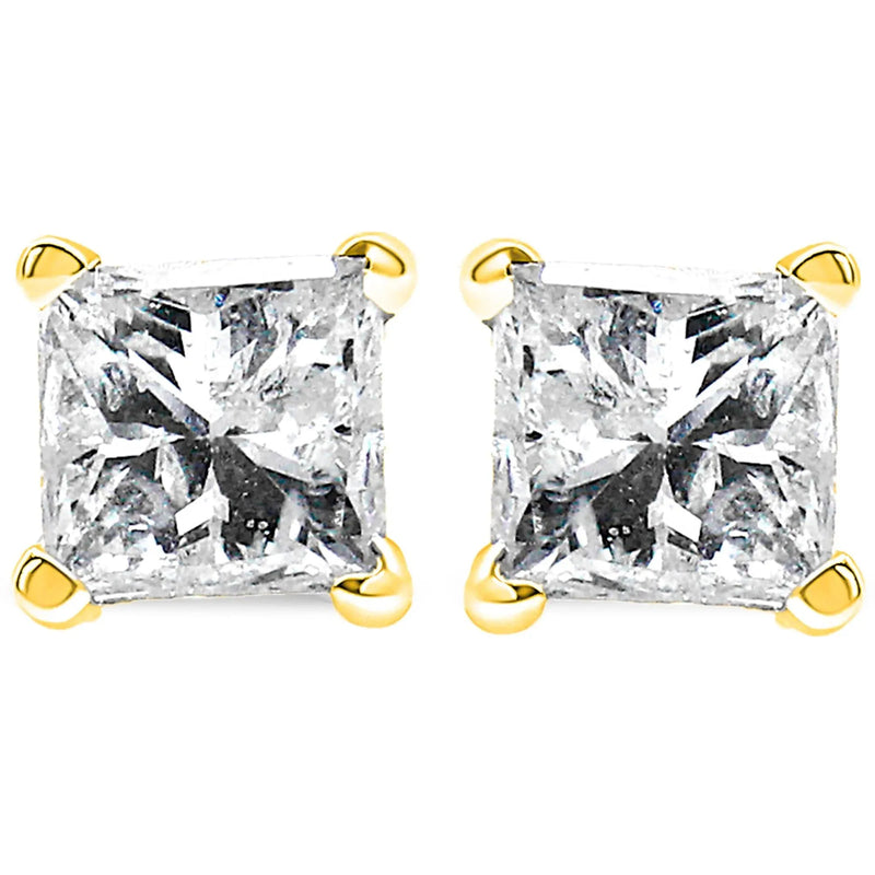 An image displaying 14K Yellow Gold 1/5 Cttw Princess-Cut Square Near Colorless Diamond Classic 4-Prong Solitaire Stud Earrings (I-J Color, I2-I3 Clarity) by Infinite Jewels