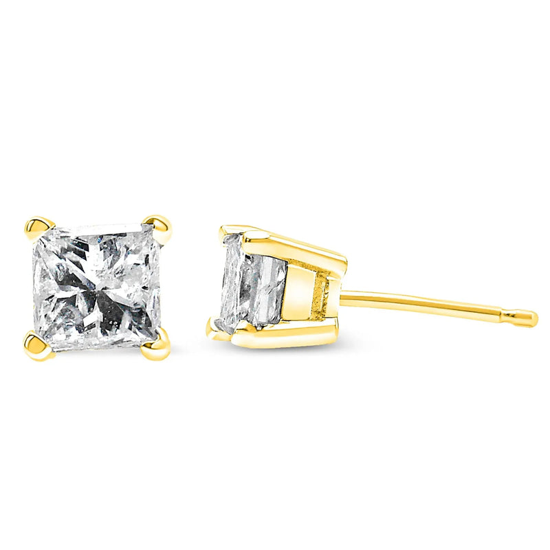 An image displaying 14K Yellow Gold 1/5 Cttw Princess-Cut Square Near Colorless Diamond Classic 4-Prong Solitaire Stud Earrings (I-J Color, I2-I3 Clarity) by Infinite Jewels