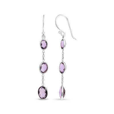 An image displaying .925 Sterling Silver Checkerboard Cut Oval Purple Amethyst 2" Inch Drop and Dangle Earrings by Infinite Jewels