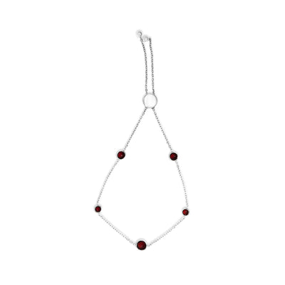 An image displaying .925 Sterling Silver Bezel Set Red Garnet 5 Station Adjustable Bolo Bracelet by Infinite Jewels
