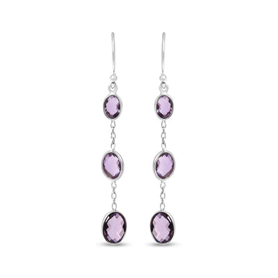 An image displaying .925 Sterling Silver Checkerboard Cut Oval Purple Amethyst 2" Inch Drop and Dangle Earrings by Infinite Jewels