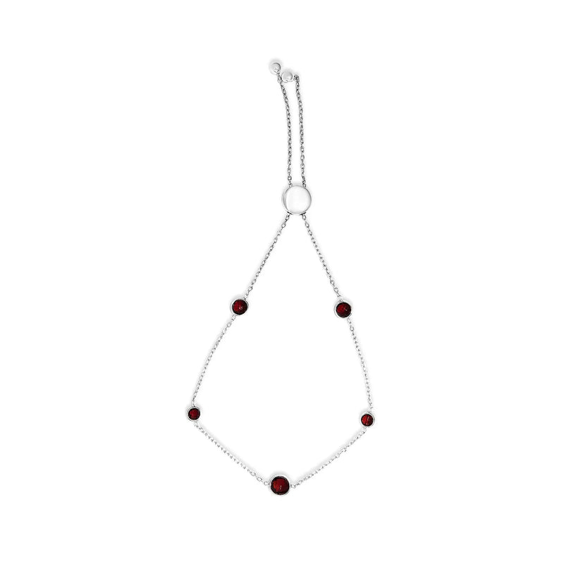 An image displaying .925 Sterling Silver Bezel Set Red Garnet 5 Station Adjustable Bolo Bracelet by Infinite Jewels