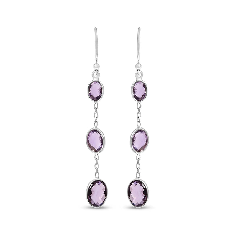 An image displaying .925 Sterling Silver Checkerboard Cut Oval Purple Amethyst 2" Inch Drop and Dangle Earrings by Infinite Jewels