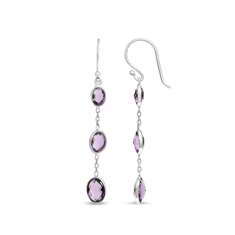 An image displaying .925 Sterling Silver Checkerboard Cut Oval Purple Amethyst 2" Inch Drop and Dangle Earrings by Infinite Jewels