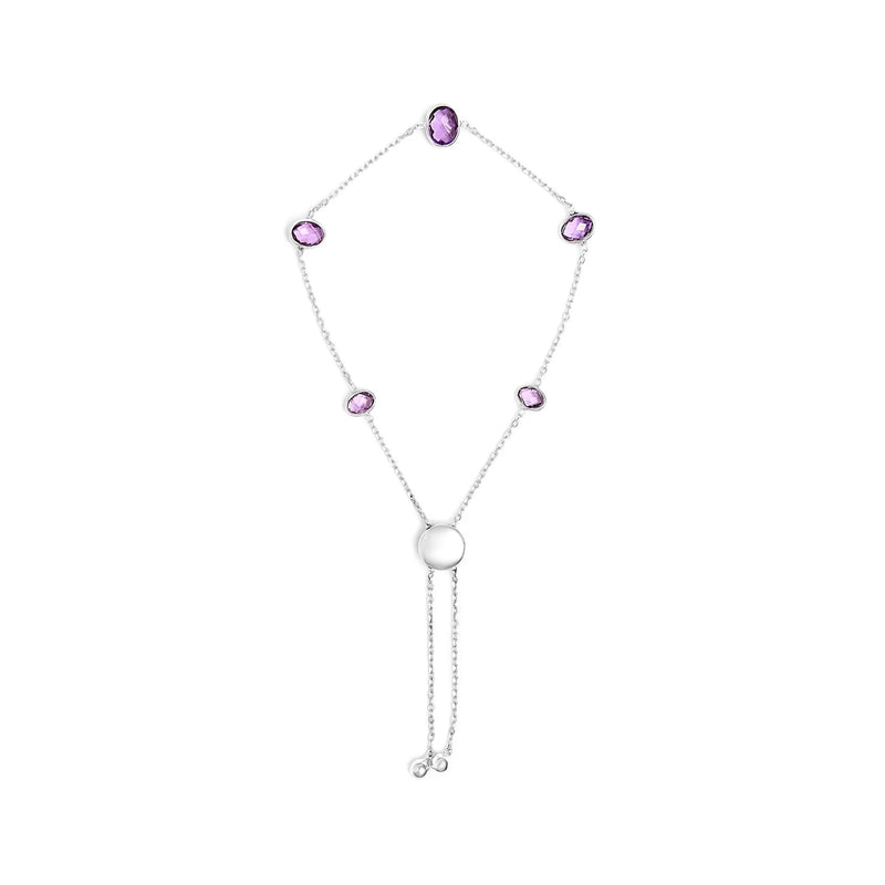 An image displaying .925 Sterling Silver Bezel Set Purple Amethyst 5 Station Adjustable Bolo Bracelet by Infinite Jewels