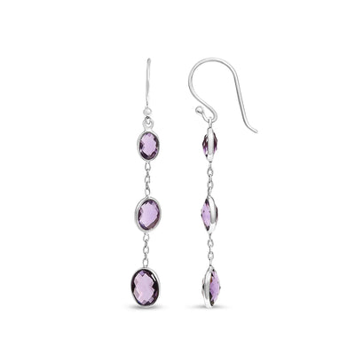 An image displaying .925 Sterling Silver Checkerboard Cut Oval Purple Amethyst 2" Inch Drop and Dangle Earrings by Infinite Jewels