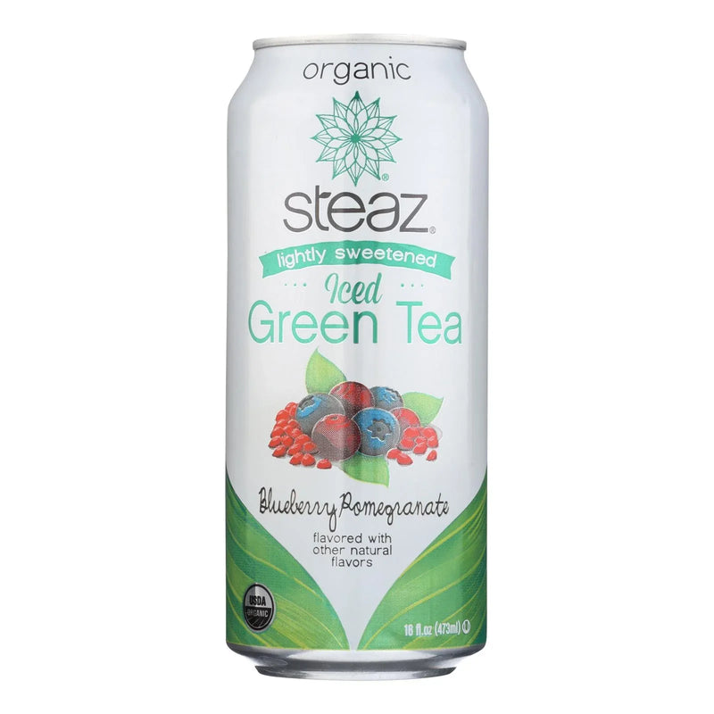 An image displaying Steaz Lightly Sweetened Green Tea - Blueberry Pomegranate - Case Of 12 - 16 Fl Oz. by Steaz