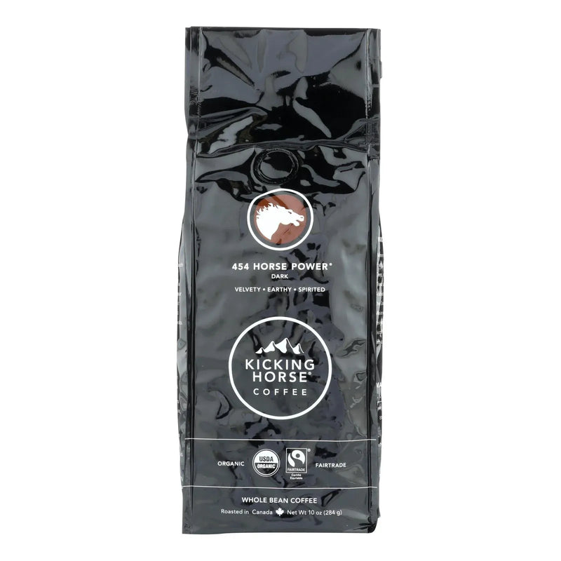 An image displaying Kicking Horse Coffee - Organic - Whole Bean - 454 Horse Power - Dark Roast - 10 Oz - Case Of 6 by Kicking Horse