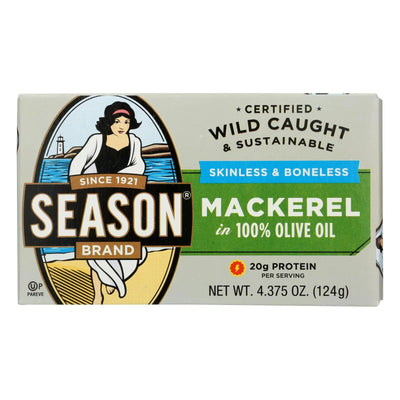 An image displaying Season Brand Mackerels - Fillets - In Olive Oil - 4.375 Ounce - Case Of 12 by Season Brand