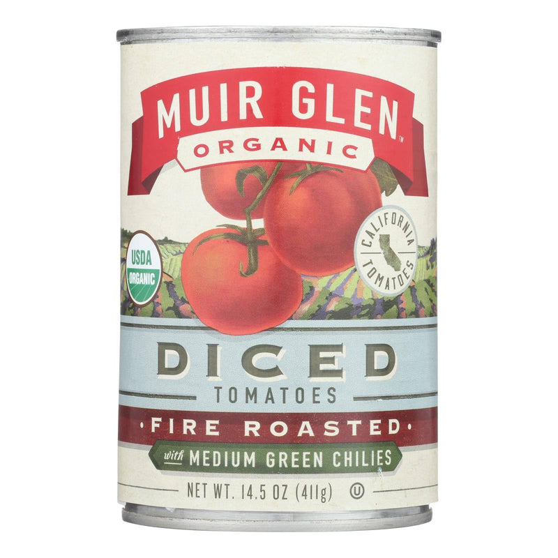 An image displaying Muir Glen Fire Roasted Diced Tomatoes With Green Chilies - Green Chilies - Case Of 12 - 14.5 Ounce by Muir Glen
