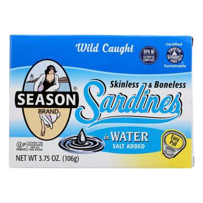An image displaying Season Brand Sardines - Skinless And Boneless - In Water - Salt Added - 3.75 Ounce - Case Of 12 by Season Brand