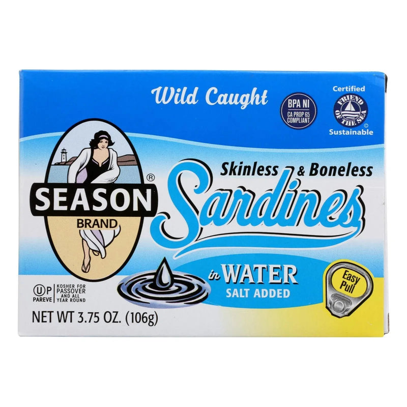 An image displaying Season Brand Sardines - Skinless And Boneless - In Water - Salt Added - 3.75 Ounce - Case Of 12 by Season Brand