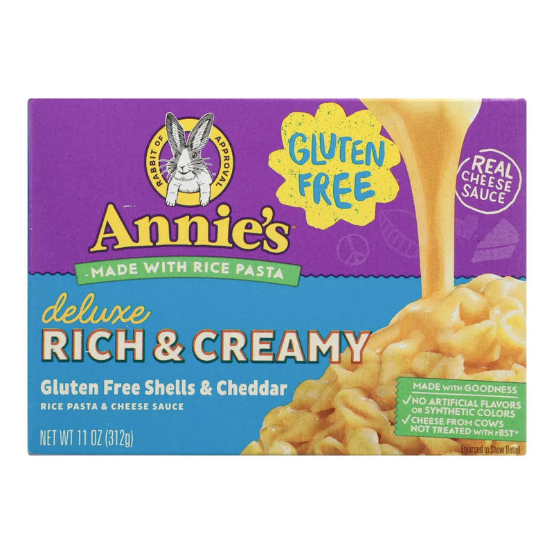 An image displaying Annies Homegrown Rice Pasta Dinner - Creamy Deluxe - Rice Pasta And Extra Cheesy Cheddar Sauce - Gluten Free - 11 Ounce - Case Of 12 by Annie&