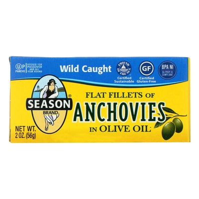 An image displaying Season Flat Anchovies In Olive Oil - Case Of 12 - 2 Ounce by Season Brand