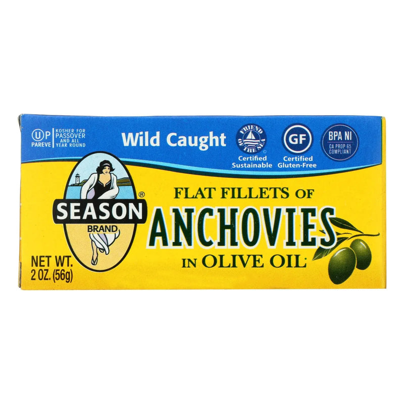 An image displaying Season Flat Anchovies In Olive Oil - Case Of 12 - 2 Ounce by Season Brand