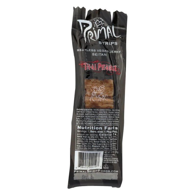 An image displaying Primal Strips Vegan Jerky - Meatless - Seitan - Thai Peanut - 1 Ounce - Case Of 24 by Primal Strips