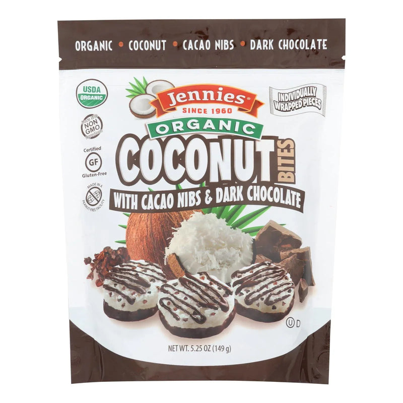 An image displaying Jennies Coconut Bites - Organic - Cacao Chocolate - Case Of 6 - 5.25 Ounce by Jennies
