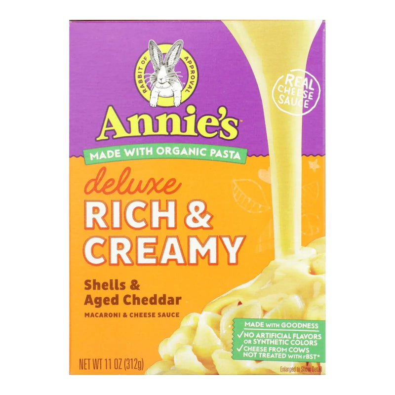 An image displaying Annies Homegrown Macaroni Dinner - Creamy Deluxe - Shells And Real Aged Cheddar Sauce - 11 Ounce - Case Of 12 by Annie&