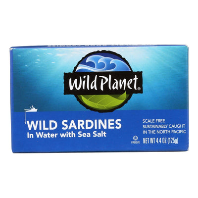 An image displaying Wild Planet Wild Sardines In Spring Water - Case Of 12 - 4.375 Ounce. by Wild Planet